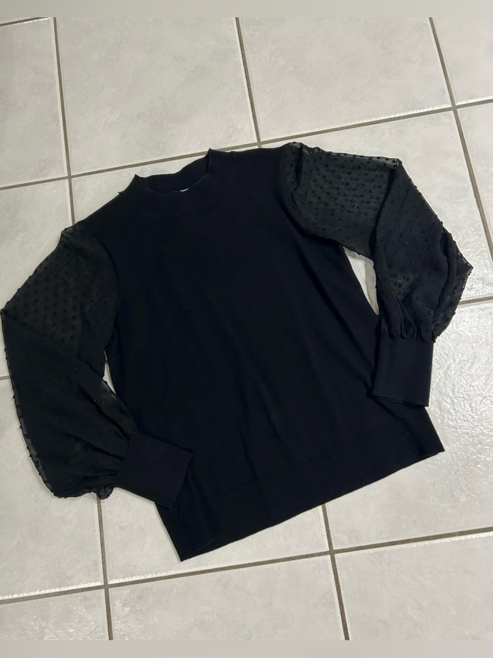 CeCe Black Mockneck Sweater with Textured Puff Sleeves